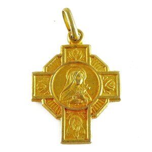 St Therese Cross Medal Pendant Goldtone Shower of Roses French Quote